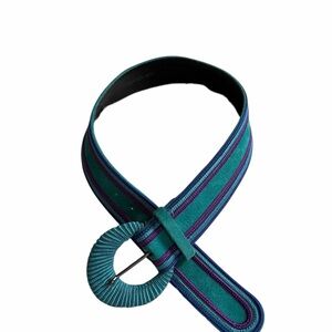 Yves Saint Laurent Teal and Purple Striped Fabric Belt with Wrapped Buckle (XS)